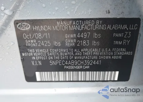2012 Hyundai Sonata Se/Limited from USA, damaged, VIN 5NPEC4AB9CH392441